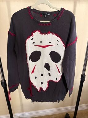 Dolls Kill Black Crewneck Sweater with White Skull and Red Stitching